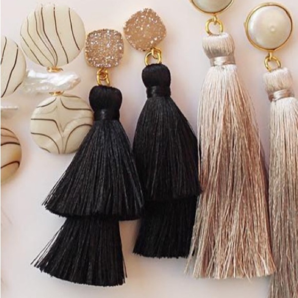 Vivian Drew Black Silk Double Tassel Earring with white Drusy top